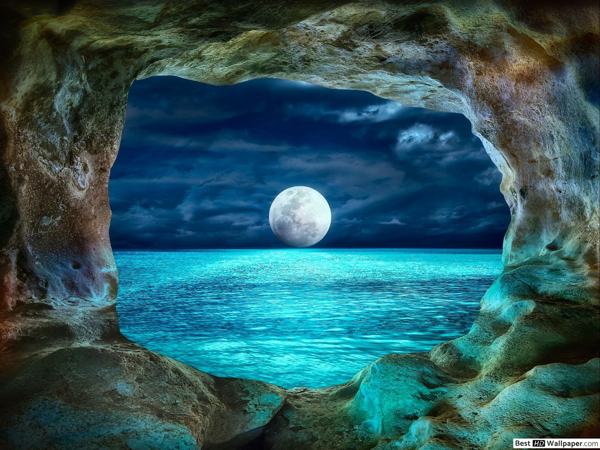 Moon Ocean Cave - HD Wallpaper 
