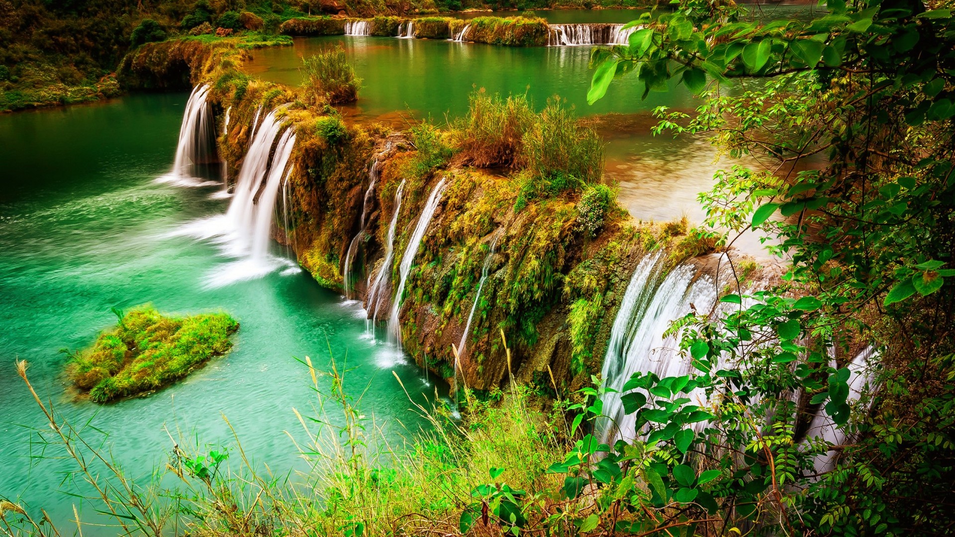 Beautiful Green Grass, Trees Hd Wallpaper - Beautiful Water Fall Hd - HD Wallpaper 