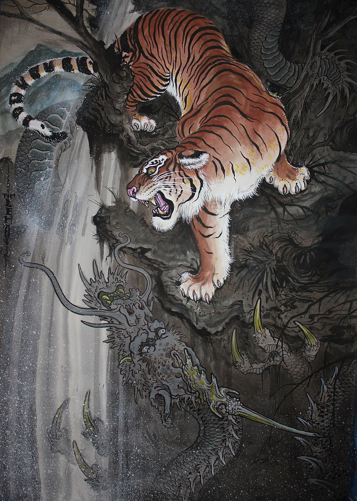 Tiger, Dragon, Tim Lehi, Tattoo, Art And Craft, Representation, - Tiger Vs Dragon Painting - HD Wallpaper 