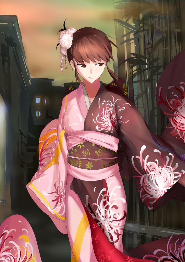 Ryougi Shiki, Kimono, Brown Hair, Kara No Kyoukai, - Fate Grand Ordet Ryougi - HD Wallpaper 