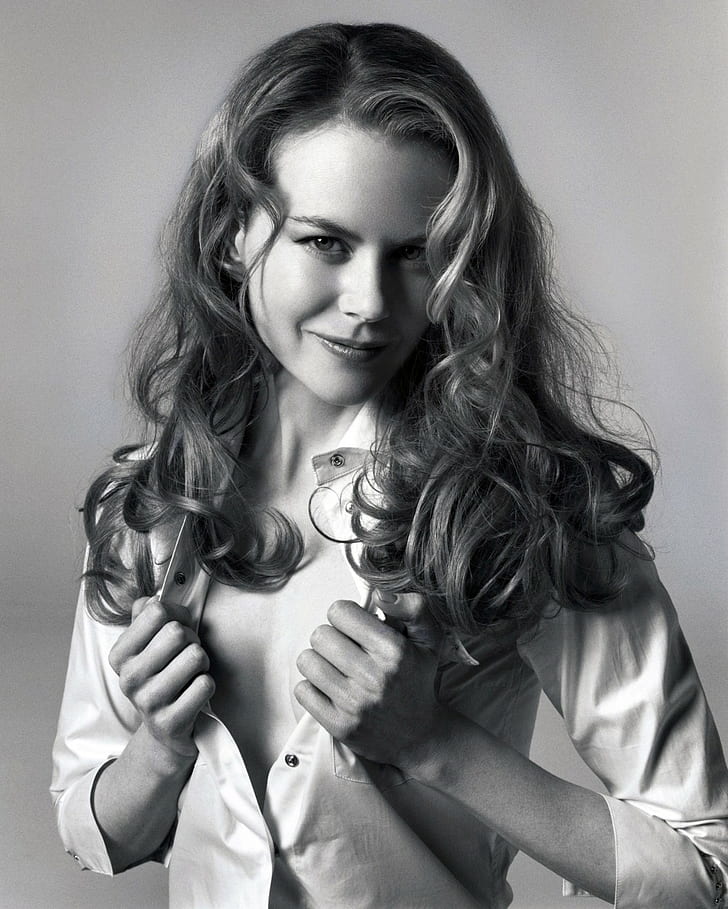 Long Hair, Women, Nicole Kidman, Monochrome, Portrait - Nicole Kidman White Shirt - HD Wallpaper 