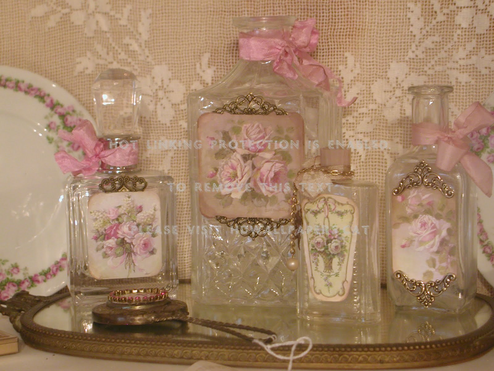 Perfume Bottles Rink Flowers Abstract - Shabby Chic Perfume Bottles - HD Wallpaper 