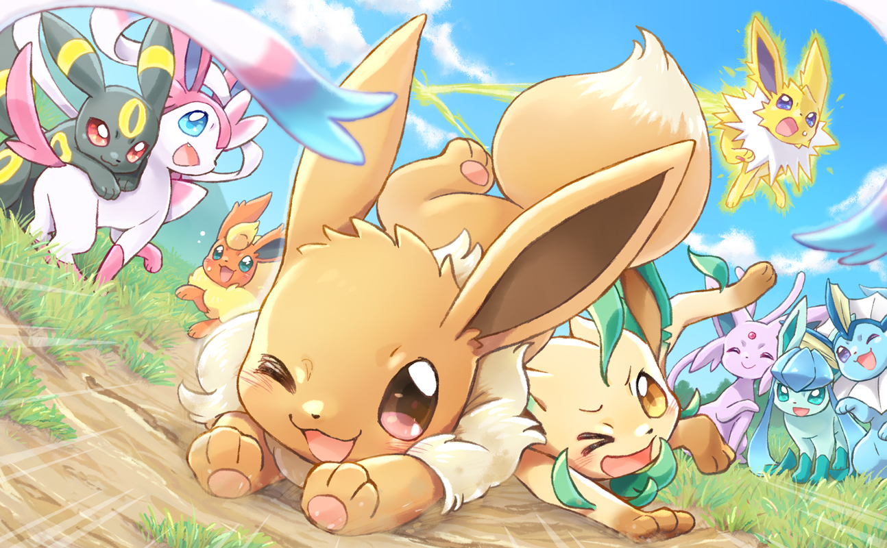 Clouds Eevee Espeon Flareon Glaceon Grass Group Jolteon - Eevee And Vaporeon Drawing - HD Wallpaper 