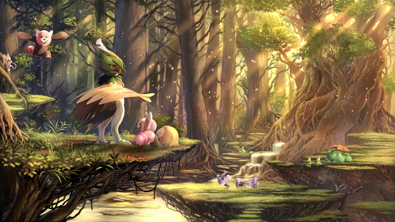 Aipom Bewear Bulbasaur Celebi Decidueye Forest Illumise - Pokemon Wallpaper For Laptop - HD Wallpaper 