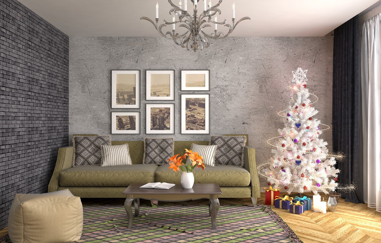 Photo Wallpaper Decoration, Room, Sofa, Graphics, Tree, - Новый Год Гостиная - HD Wallpaper 