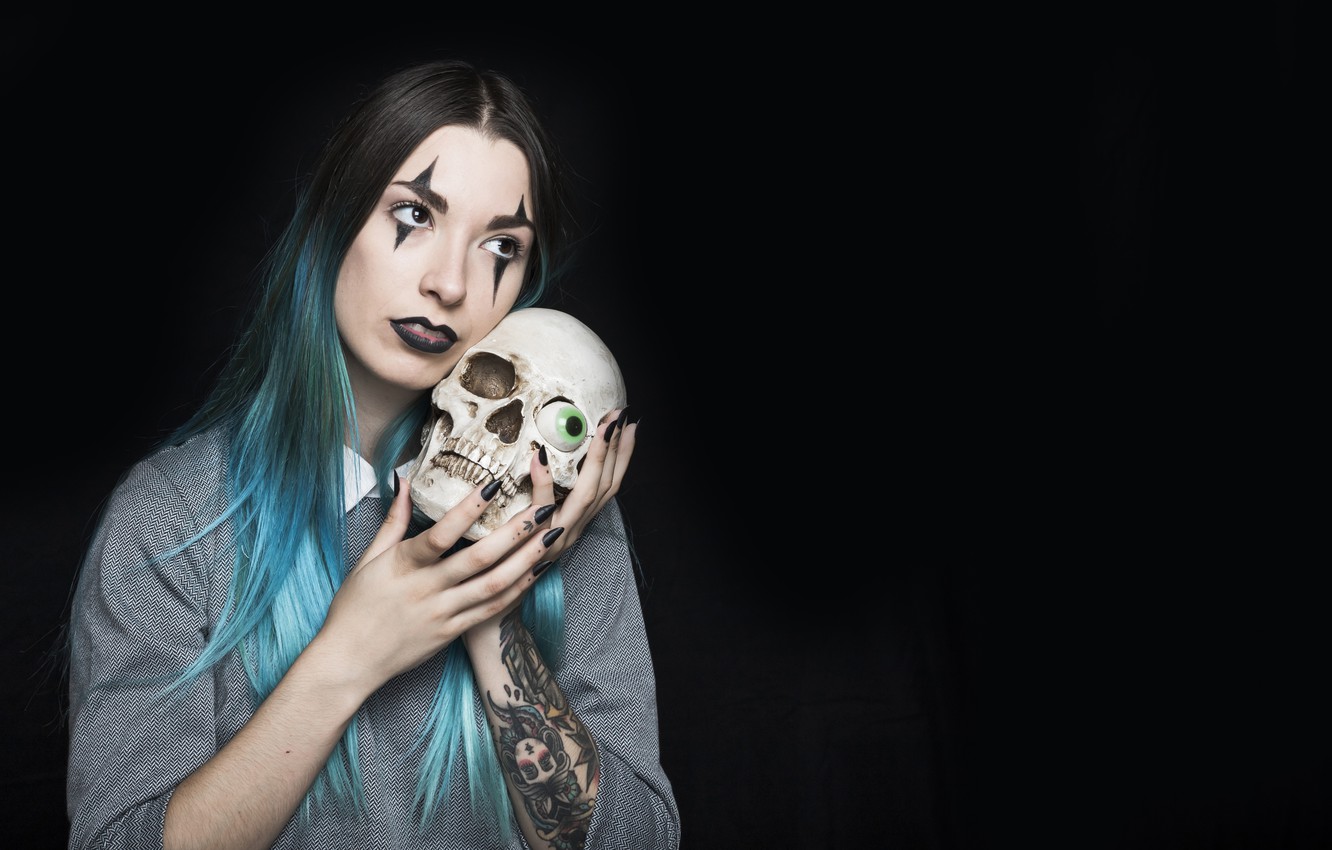 Photo Wallpaper Girl, Eyes, Skull, Tattoo, Halloween, - Девушка С Черепом - HD Wallpaper 