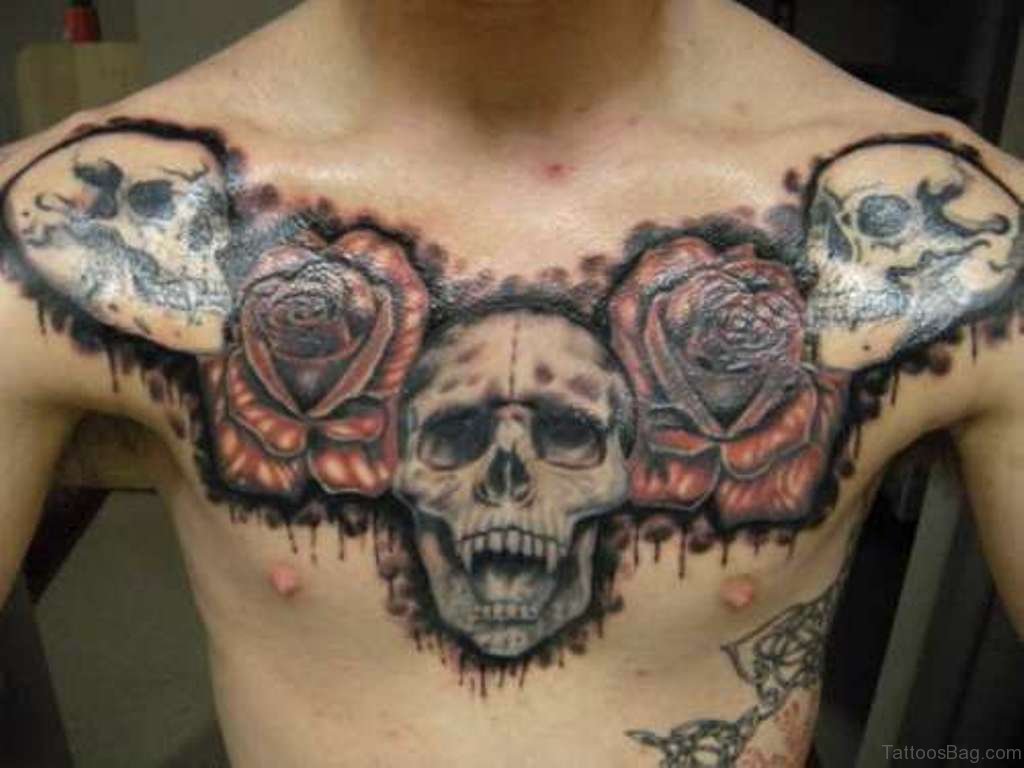 Devil Skull Tattoo On Chest - Chest Mens Skull Tattoos - HD Wallpaper 