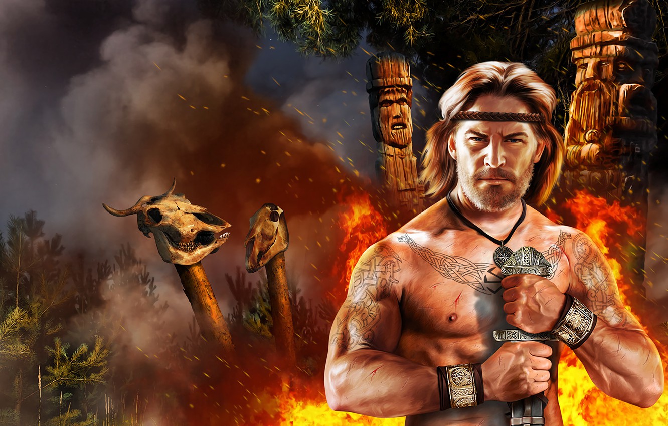 Photo Wallpaper Fire, Smoke, Figure, Sword, Skull, - Paganism - HD Wallpaper 