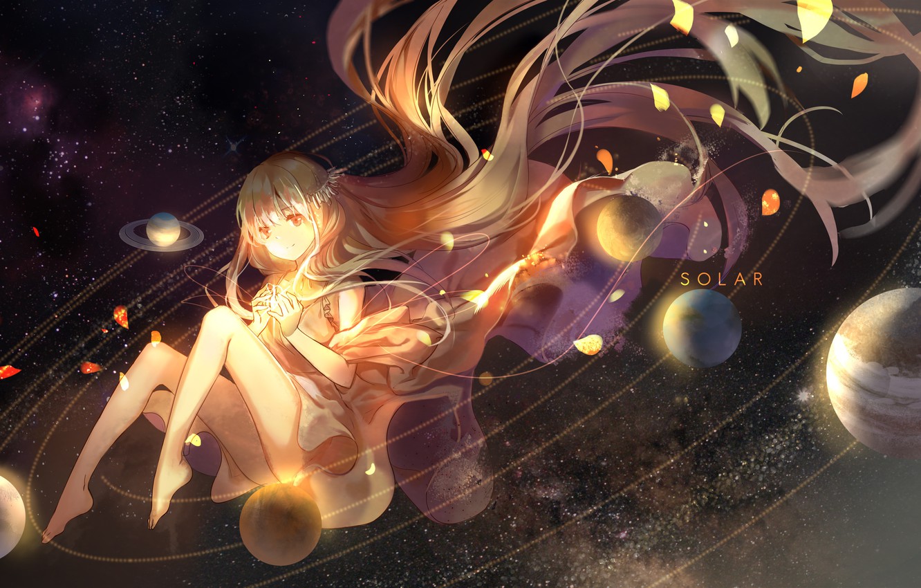 Photo Wallpaper The Sky, Girl, Stars, Planet, Anime, - Planet Solar System  Anime - 1332x850 Wallpaper 