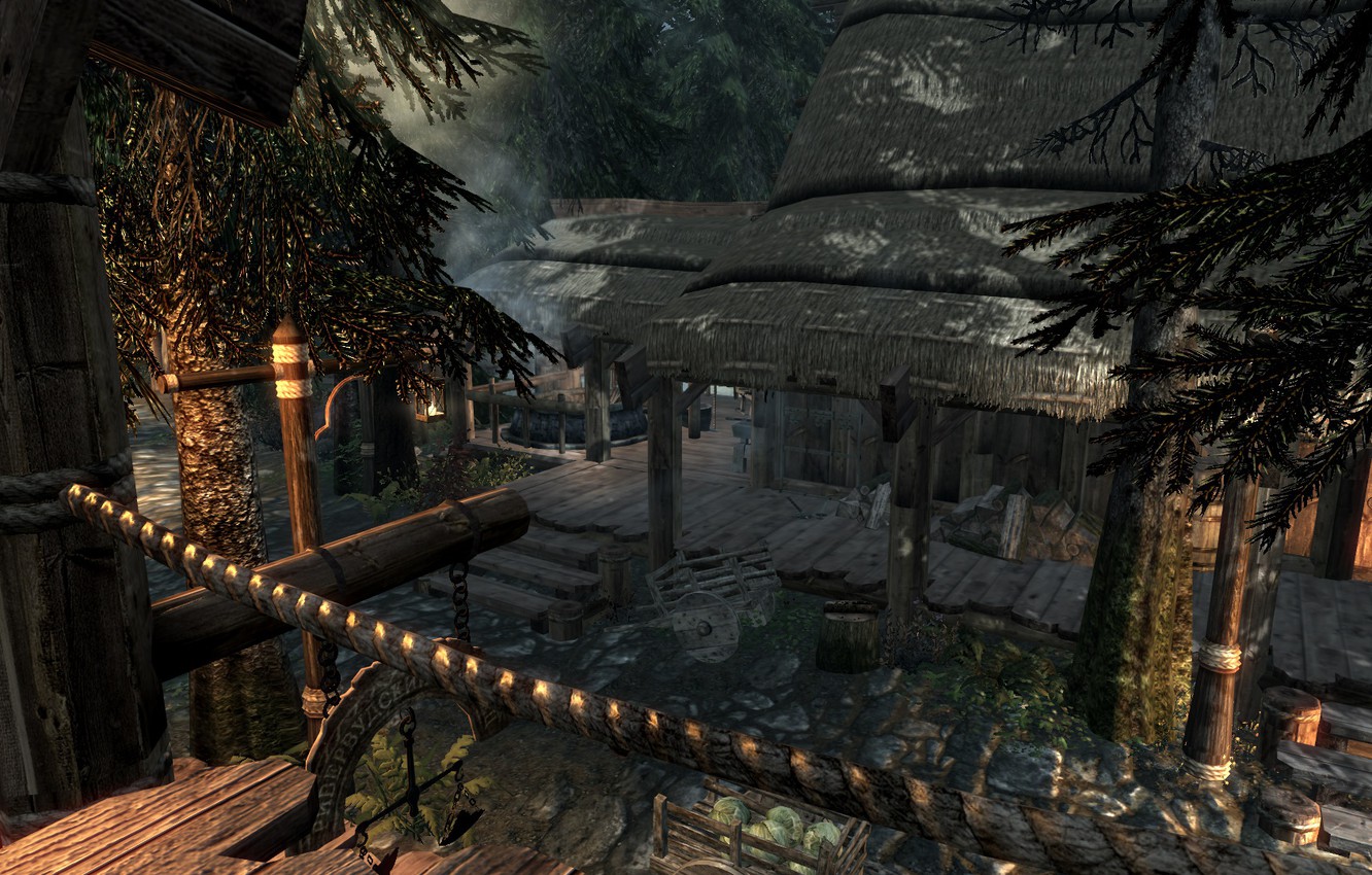 Photo Wallpaper Road, Trees, Spruce, Ate, Road, Trees, - Elder Scrolls Riverwood Art - HD Wallpaper 