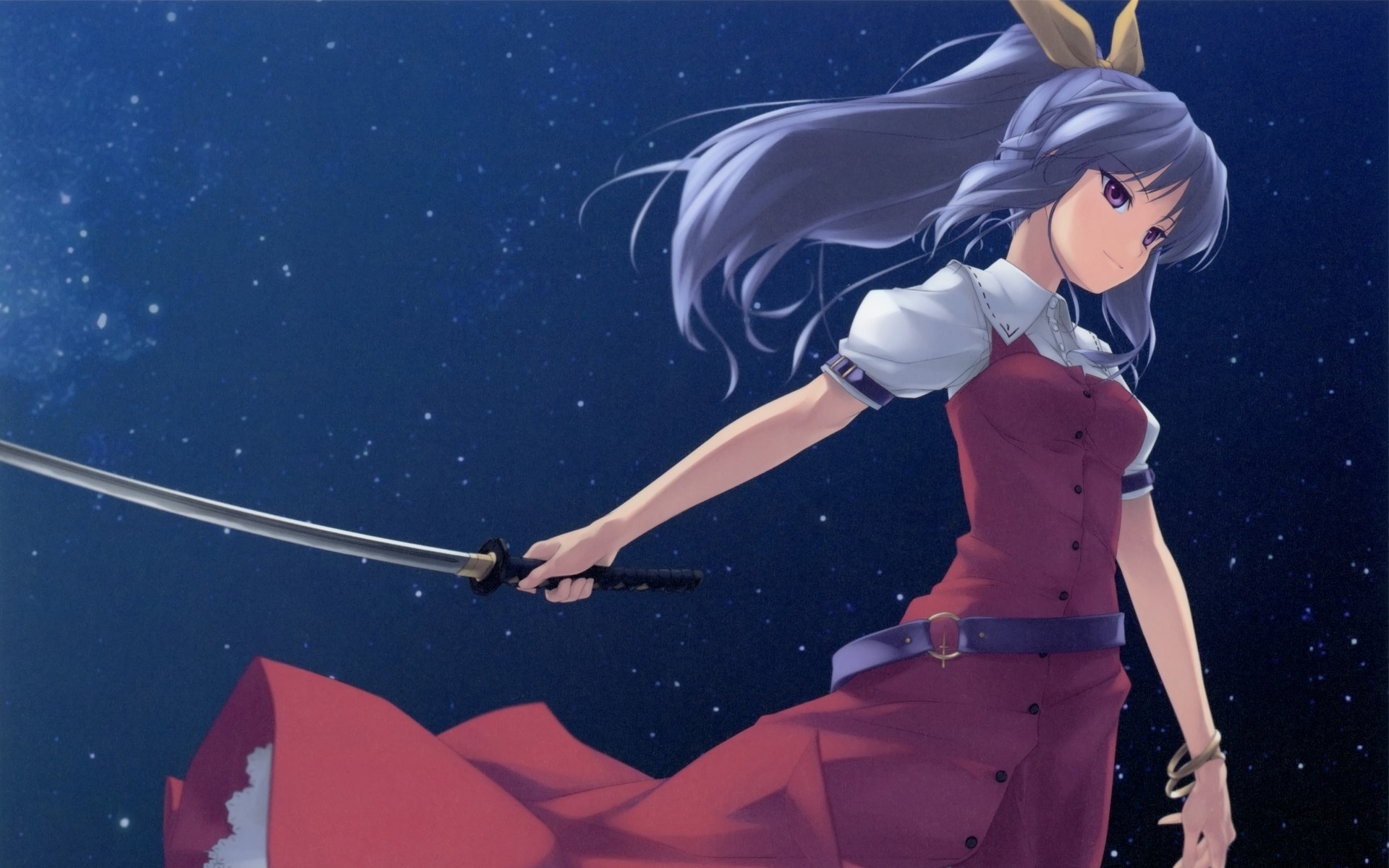 Touhou Katana Long Hair Blue Hair Blade Watatsuki No - Watatsuki No Yorihime - HD Wallpaper 