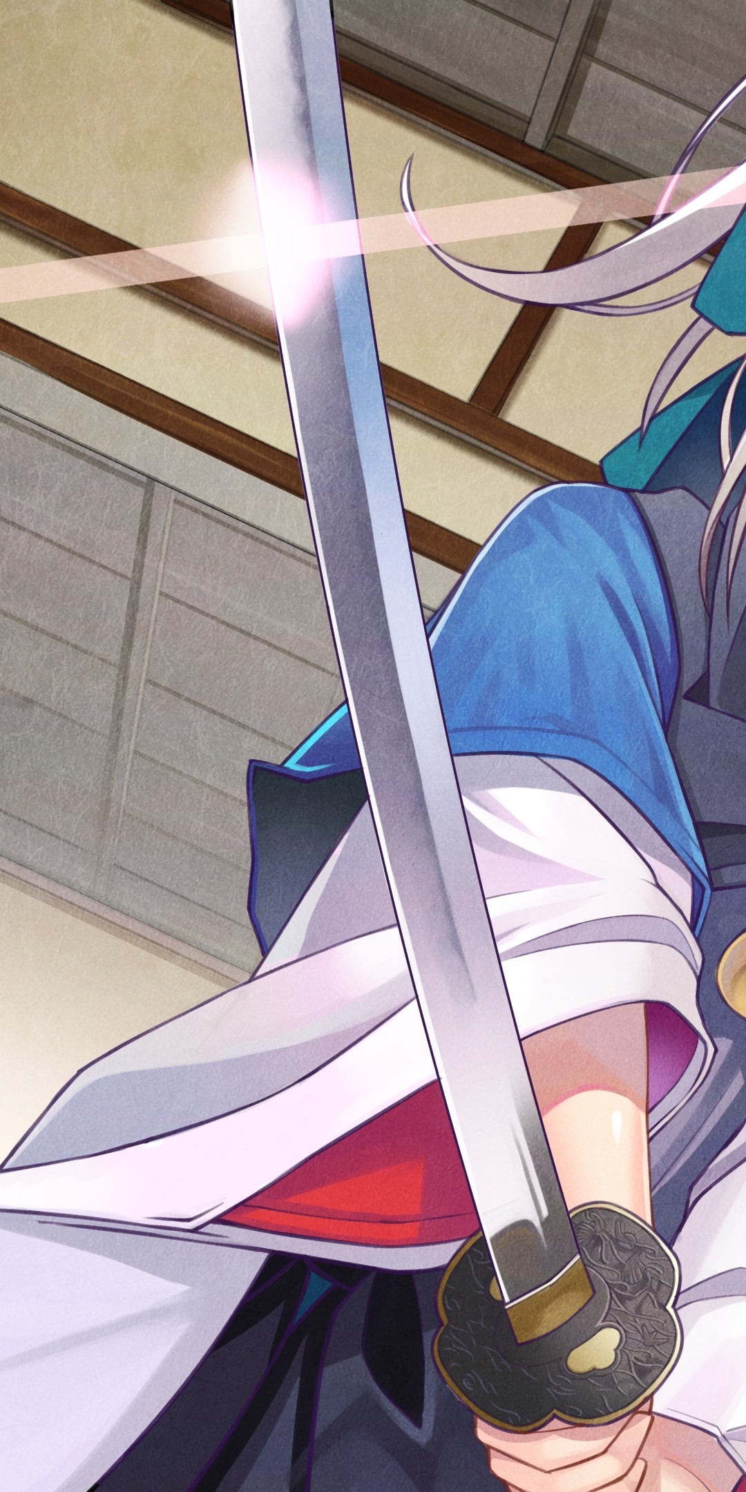 Anime Girl, Katana, Smiling, Ribbon, Dojo, Male - Cartoon - HD Wallpaper 