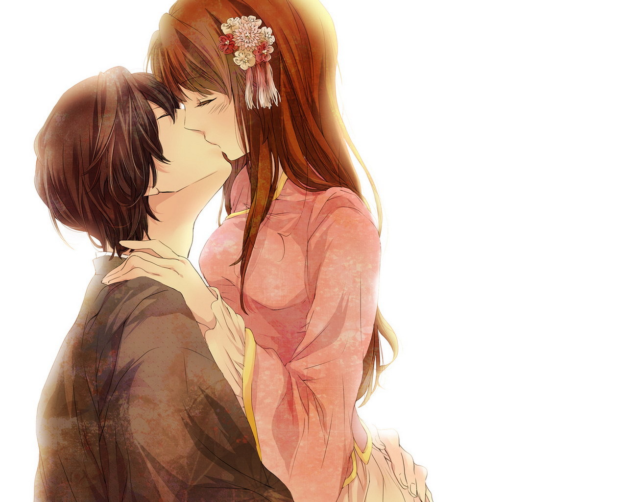 Anime Love Couple Kissing Wallpaper - Beautiful Anime Couple Kiss - HD Wallpaper 