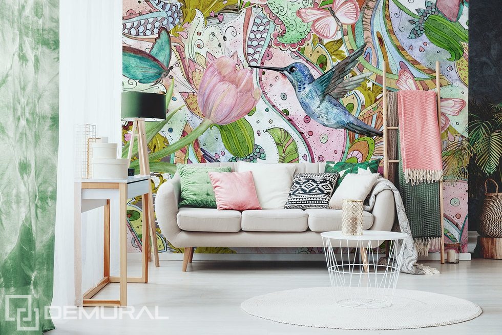 Praise Of Oriental Beauty Flowers Wallpaper Mural Photo - Living Room - HD Wallpaper 