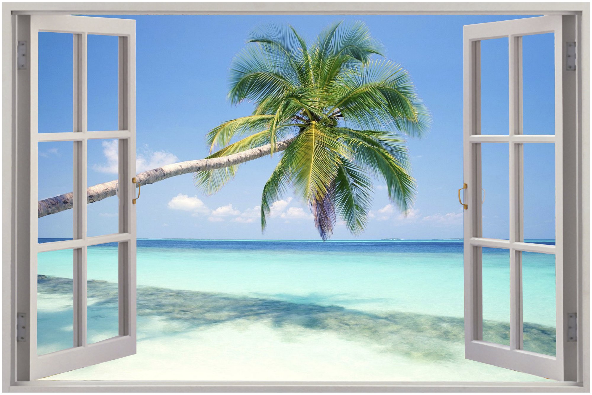 Window View Exotic Beach Wall Sticker Film Mural Art - Window With Beach Scene - HD Wallpaper 