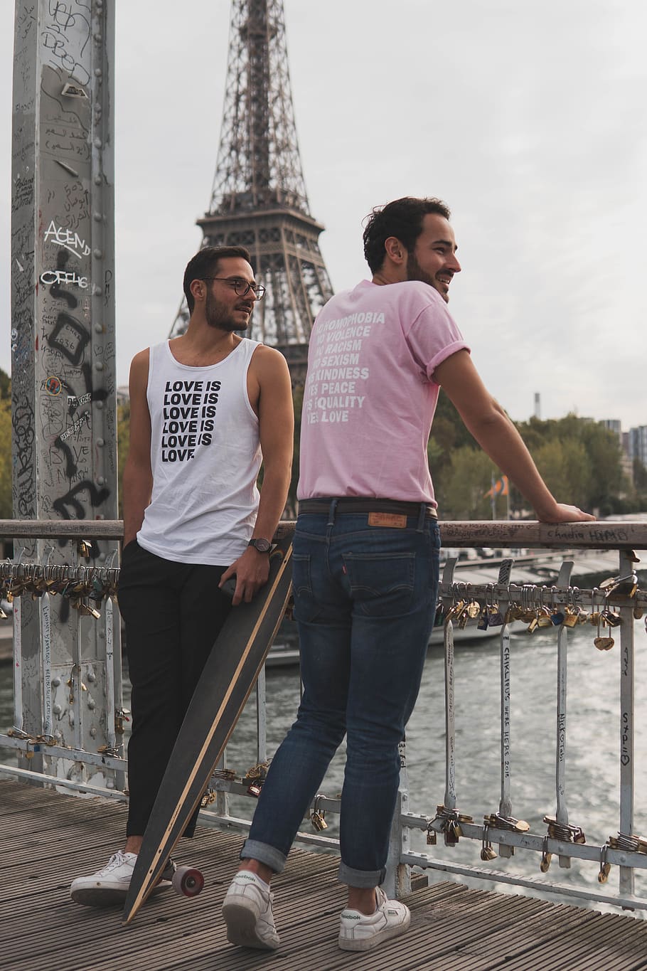 Two Men Standing To Each Other, Bridge, Daylight, Enjoyment, - Eiffel Tower - HD Wallpaper 