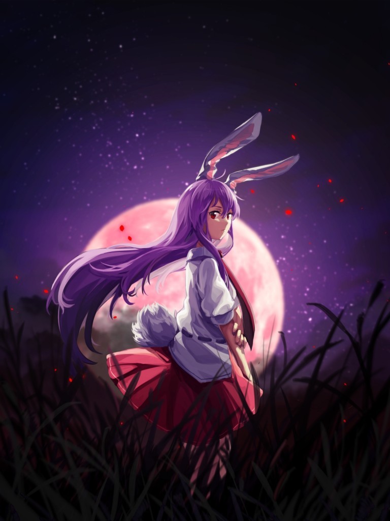 Reisen Udongein Inaba, Bunny Ears, Touhou, Moon, Plants - HD Wallpaper 