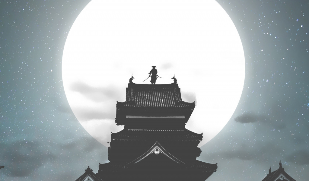 Moon, House, Samurai, Warrior, Night, Art, Wallpaper - Matsumoto Castle - HD Wallpaper 