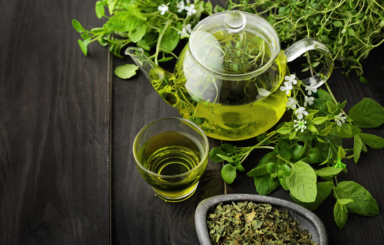 Photo Wallpaper Green, Drink, Cup, Teapot, Melissa, - Green Tea Skin Benefits - HD Wallpaper 