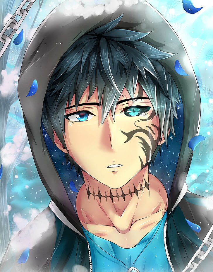 Anime Boy, Tattoo, Colorful Eyes, Shape, Petals, Hoodie, - Anime Boy Different Colored Eyes - HD Wallpaper 