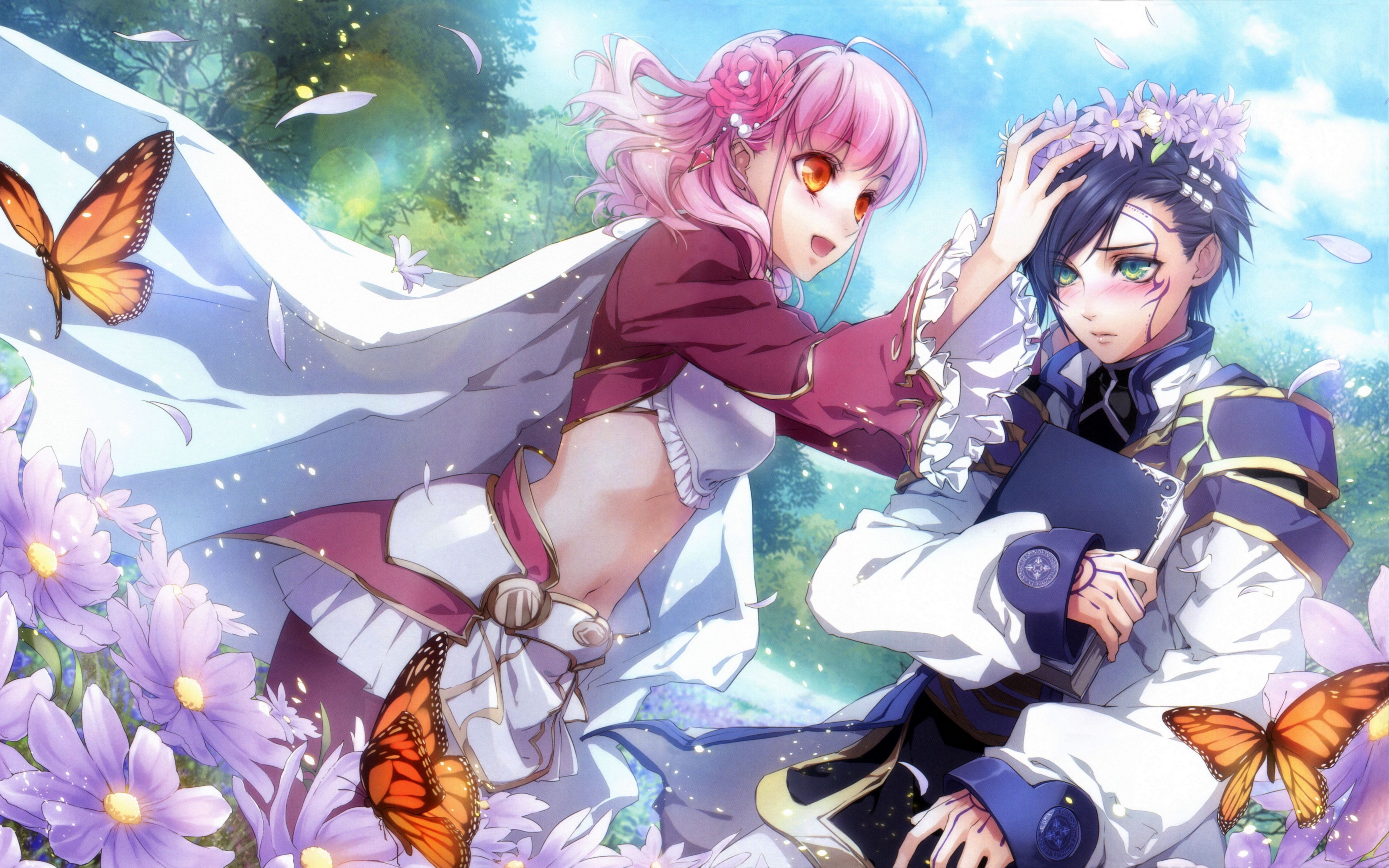 Wallpaper Anime, Boy, Girl, Flowers, Wreath, Butterfly - Putting Flower Crown On Head - HD Wallpaper 