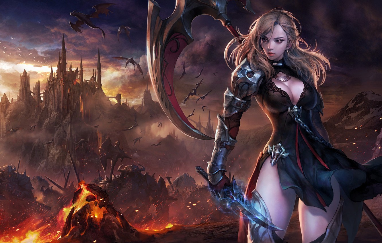 Photo Wallpaper Girl, Weapons, Castle, Fire, The Game, - Heroes Of Incredible Tales - HD Wallpaper 