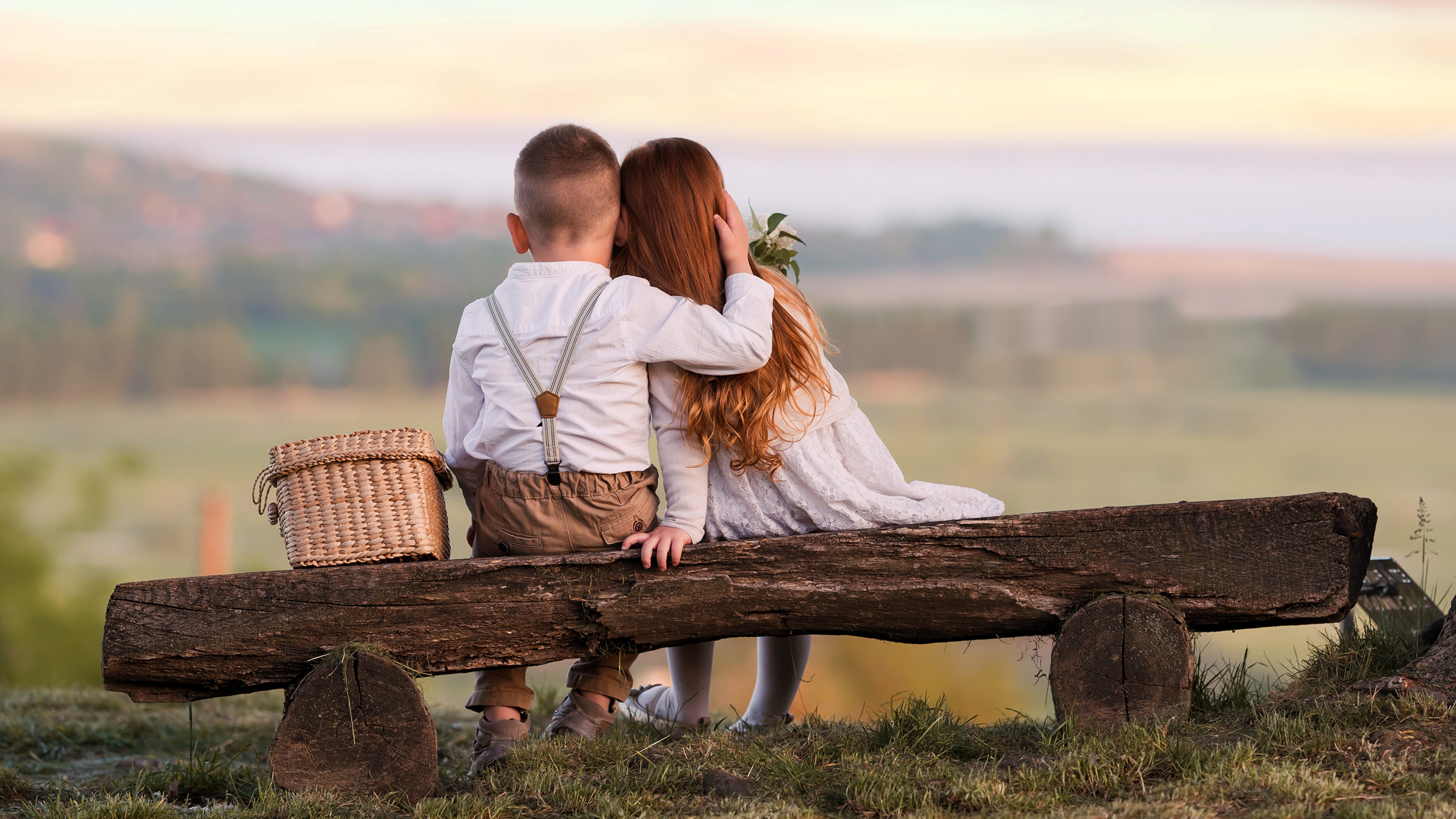 Boy Girl Sitting On Bench Back Side - HD Wallpaper 