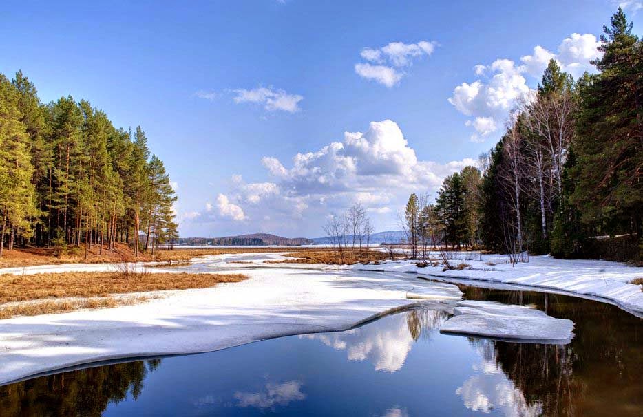 Natural Winter Pond Lake Snow Water Trees Clouds Wallpaper - Melting Snow - HD Wallpaper 