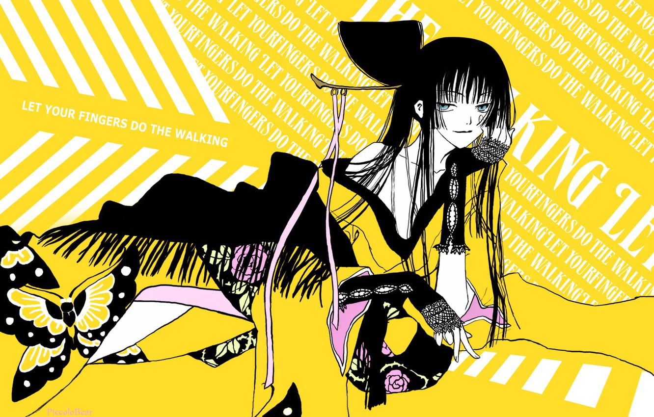 Photo Wallpaper Girl, Anime, Art, Words, Yellow Background, - Watanuki Kimihiro - HD Wallpaper 