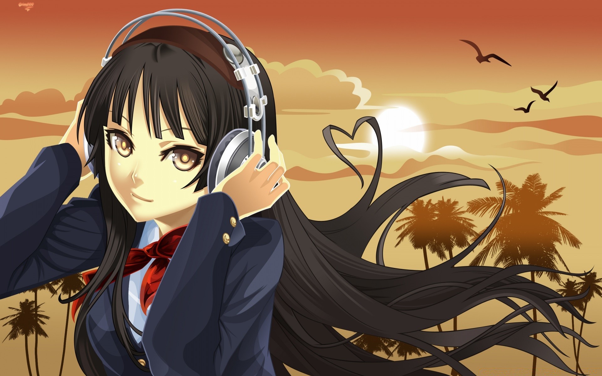 Anime Illustration Man Woman Outdoors - Mio Listening To Music - HD Wallpaper 