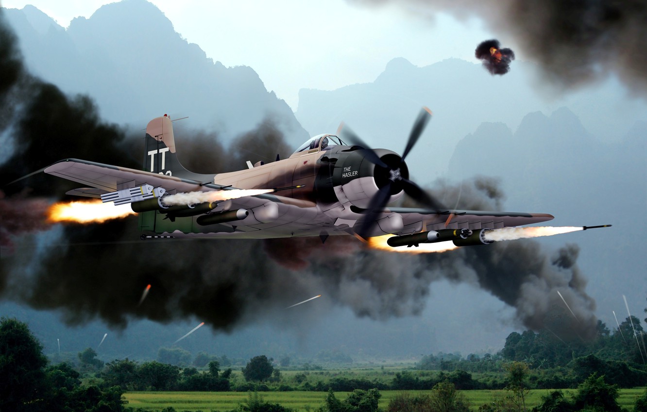 Photo Wallpaper The Sky, Mountains, War, Smoke, Figure, - Zoukei Mura Skyraider - HD Wallpaper 