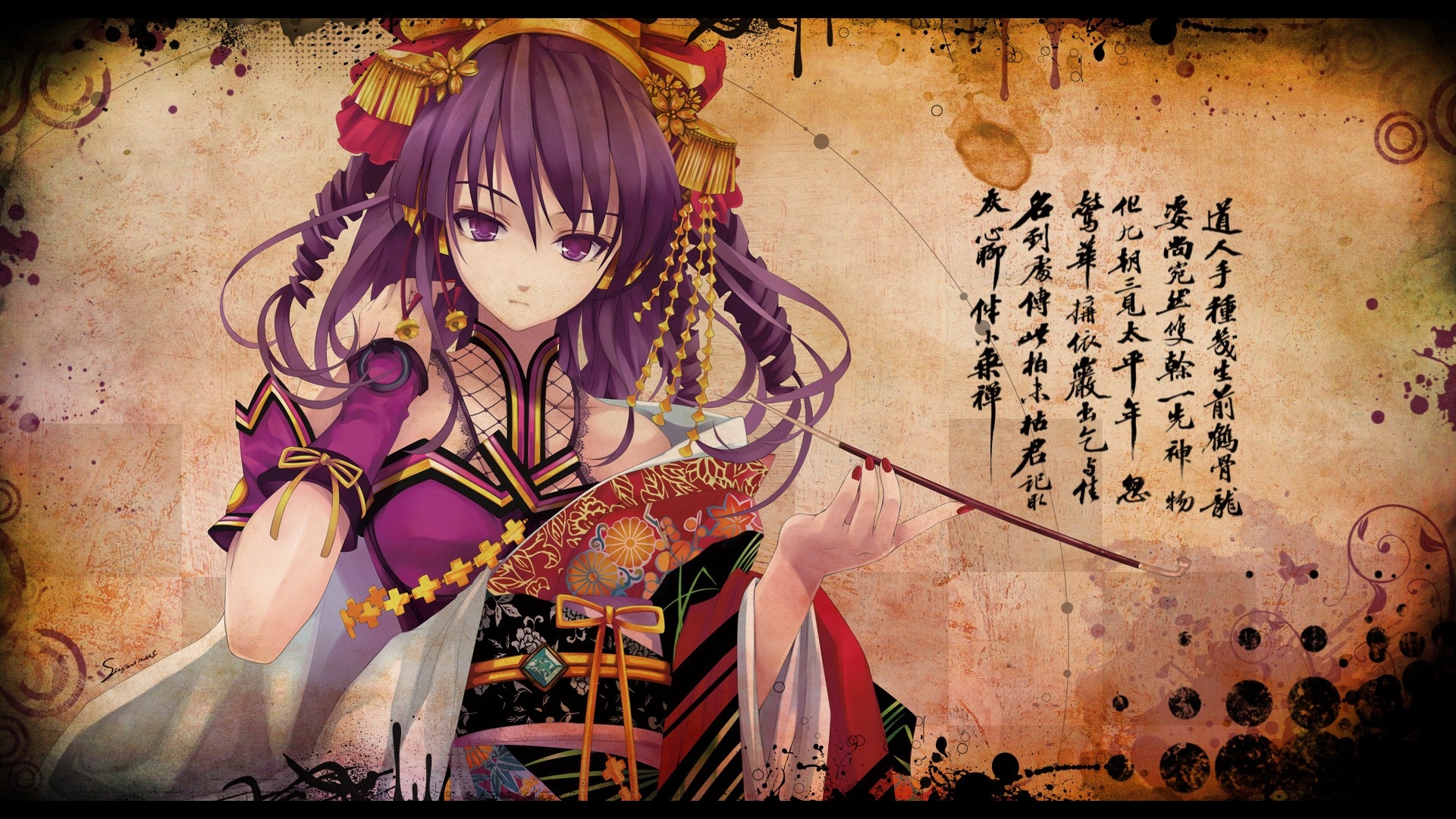 Abstract Colorful Flowers Text Japanese Long Hair Geisha - Anime Girl Purple Hair Goddess - HD Wallpaper 
