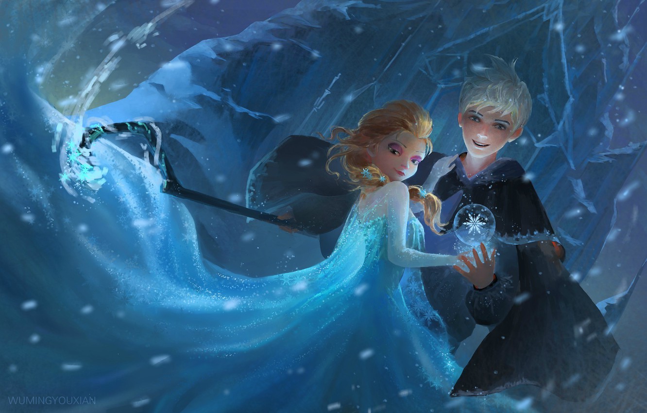 Photo Wallpaper Girl, Snow, Art, Staff, Frozen, Guy, - Arts Elsa And Jackfrost - HD Wallpaper 