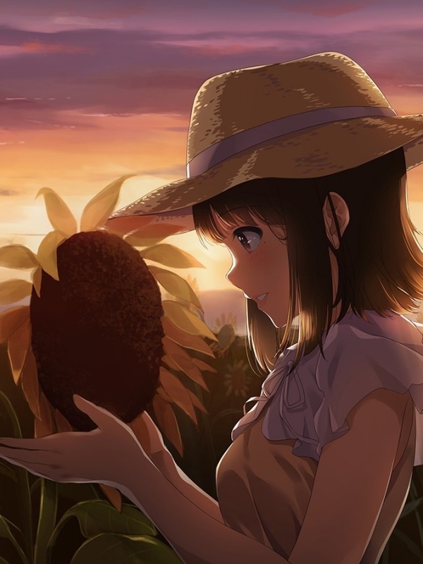 Sunflower, Anime Girl, Sunset, Profile View, Straw - Anime Girl In Sunset - HD Wallpaper 