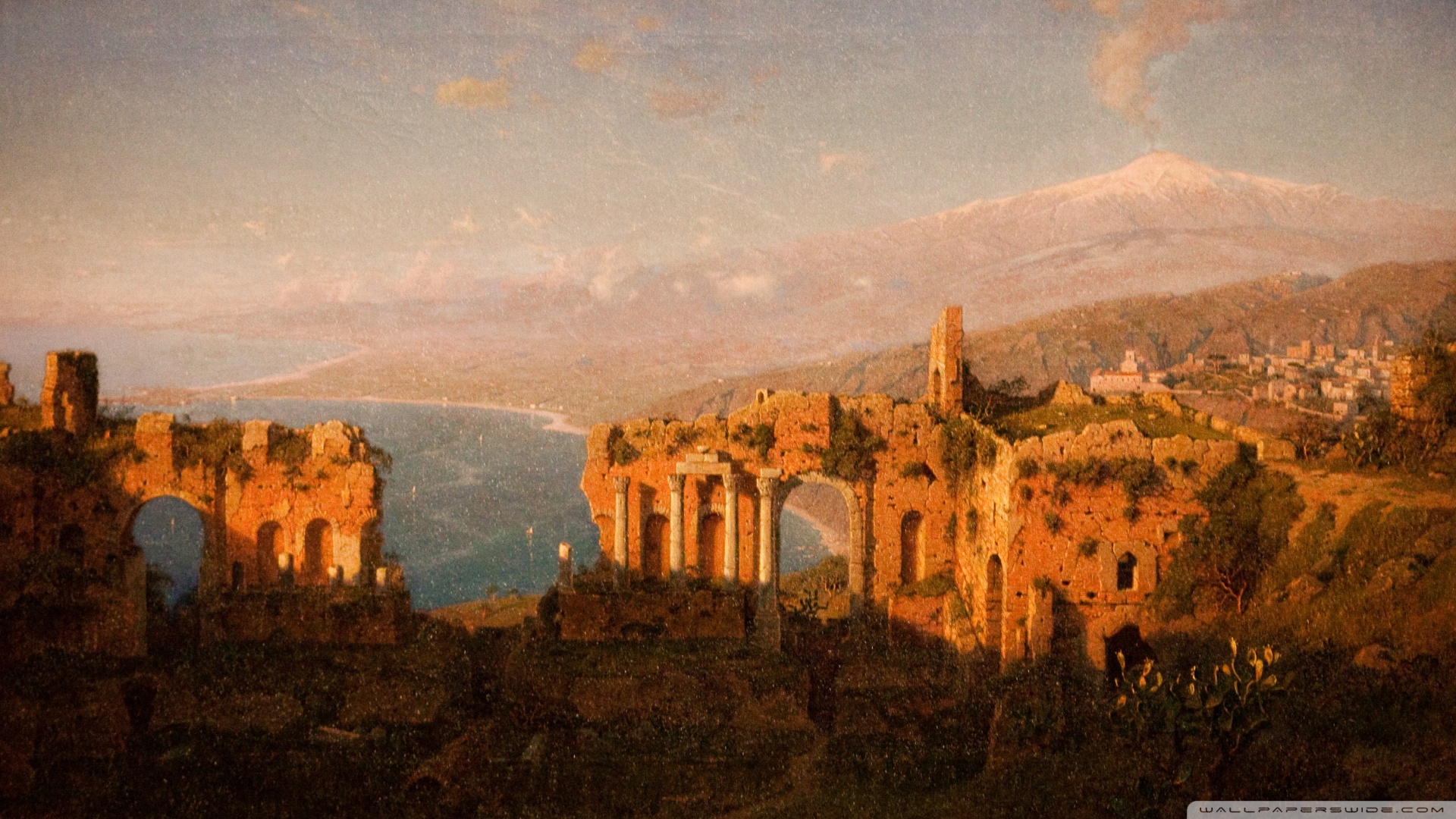 Fine Art Wallpaper - Ruins Of The Roman Theatre At Taormina Painting - HD Wallpaper 
