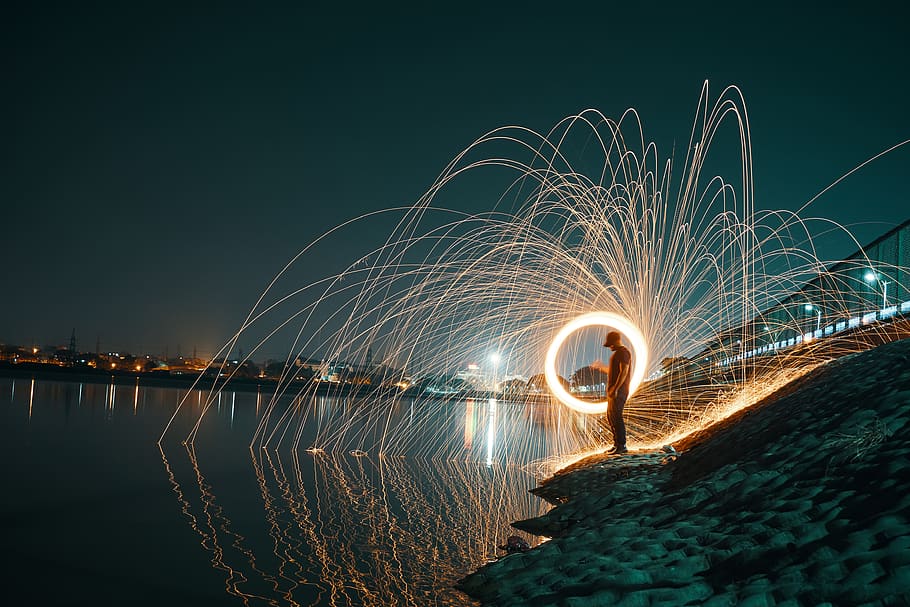 Time Lapse Photography Of Man Spinning Lighted Steel - Night - HD Wallpaper 