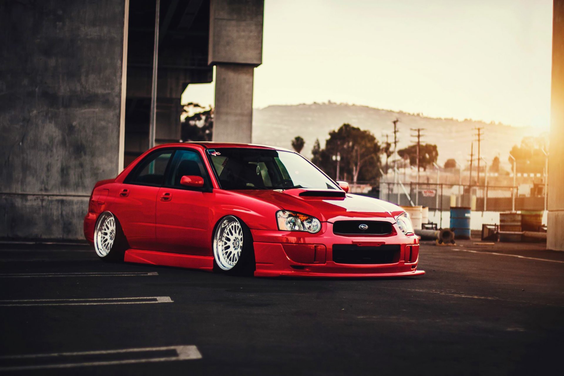 Subaru Impreza Wrx Sti Stance Low Red Color Sun Car - Subaru Wrx Sti Low - HD Wallpaper 