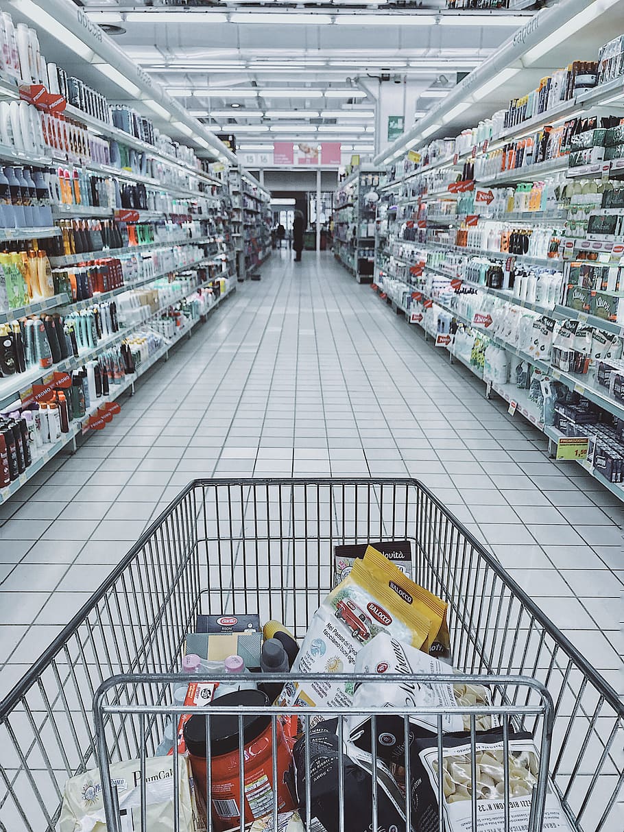 Grocery Cart With Item, Aisle, Commerce, Food, Indoors, - HD Wallpaper 