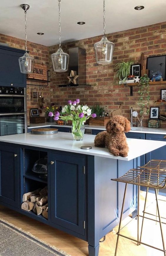 A Bright Blue Kitchen With White Countertops And Glass - Brick Wallpaper In Kitchen Ideas - HD Wallpaper 