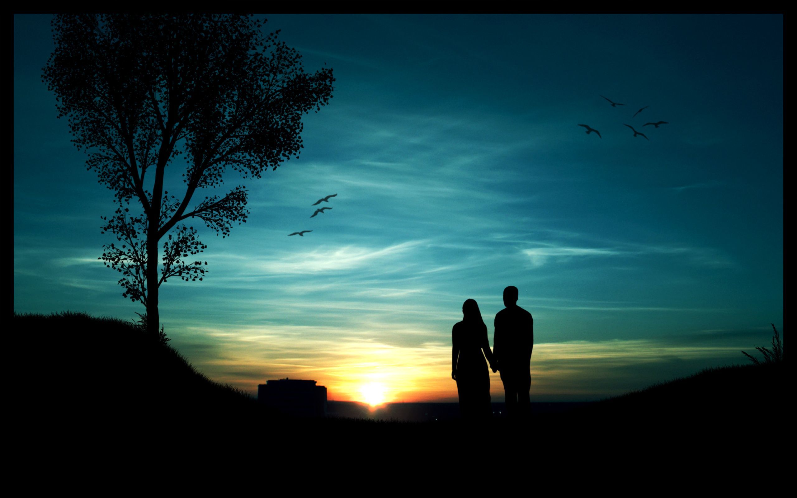 Couple Silhouette Sunset - HD Wallpaper 