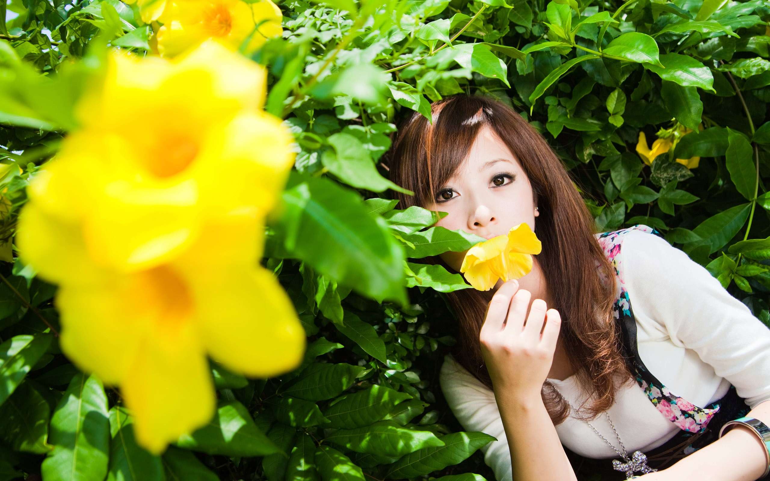 Girl In Garden Yellow Flower - HD Wallpaper 