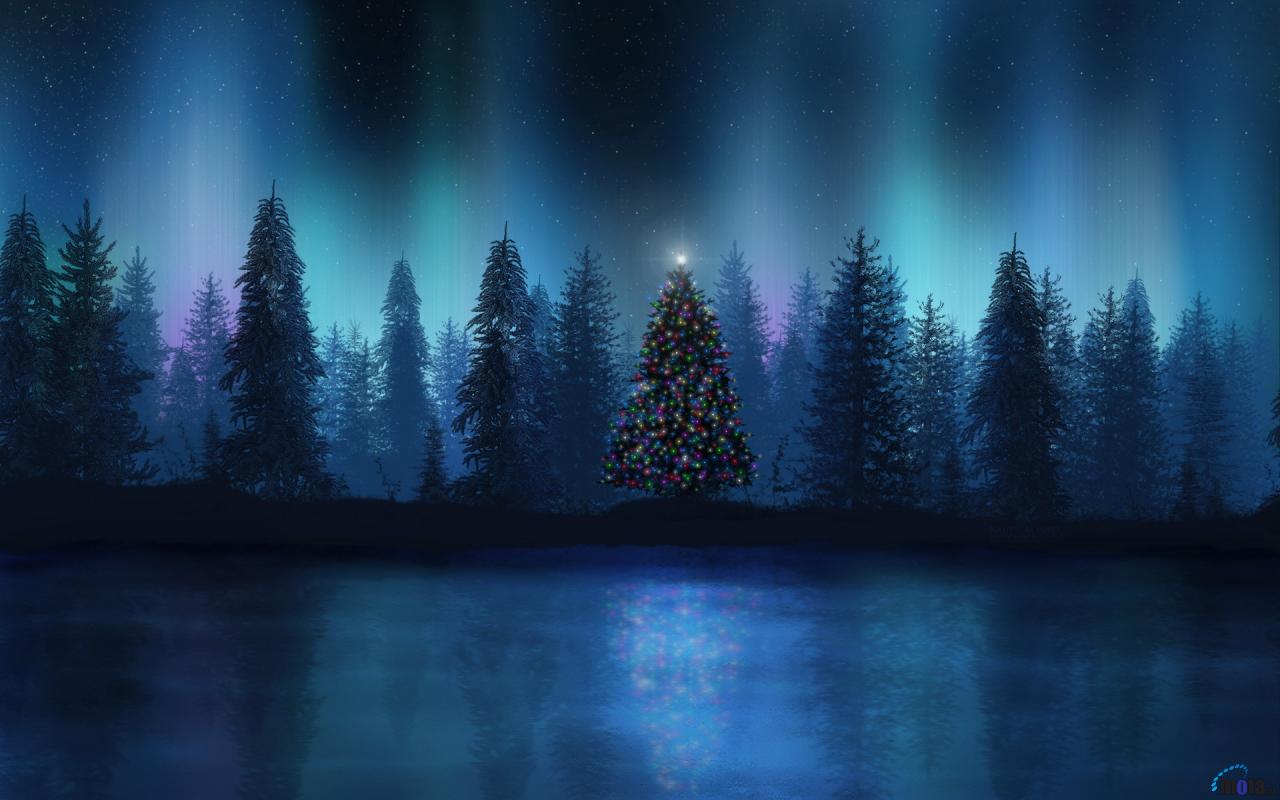 Download Wallpaper Aurora At Christmas Night - Aurora Borealis Christmas - HD Wallpaper 