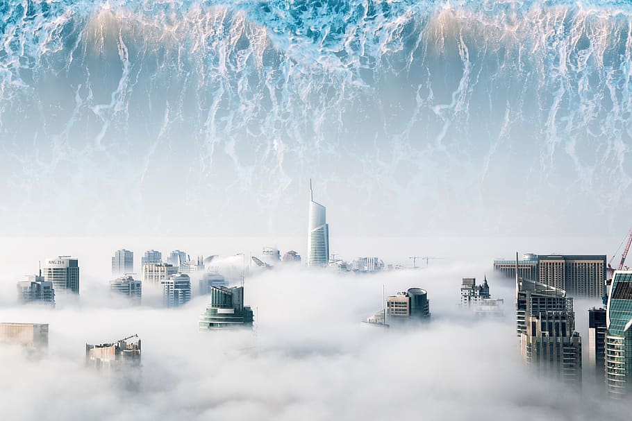 Utopia, Waves, A City With Clouds, Buildings, Water, - Microsoft Surface - HD Wallpaper 