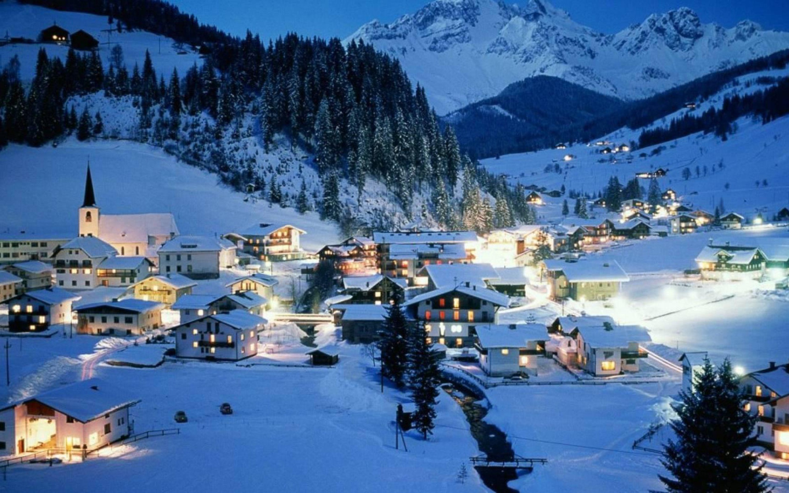 Beautiful Alpine Village At Night - Alpine Village At Night - HD Wallpaper 