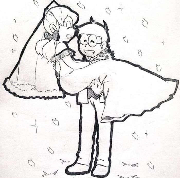 Nobita And Shizuka Drawing - HD Wallpaper 