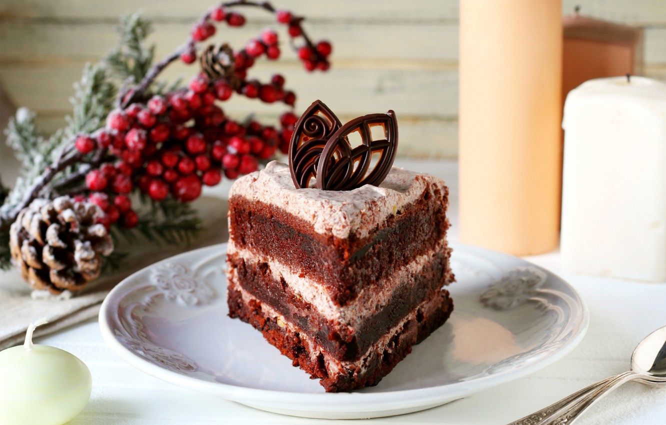 Photo Wallpaper Berries, Chocolate, Candles, Cake, - Cake Pieces Images Hd - HD Wallpaper 
