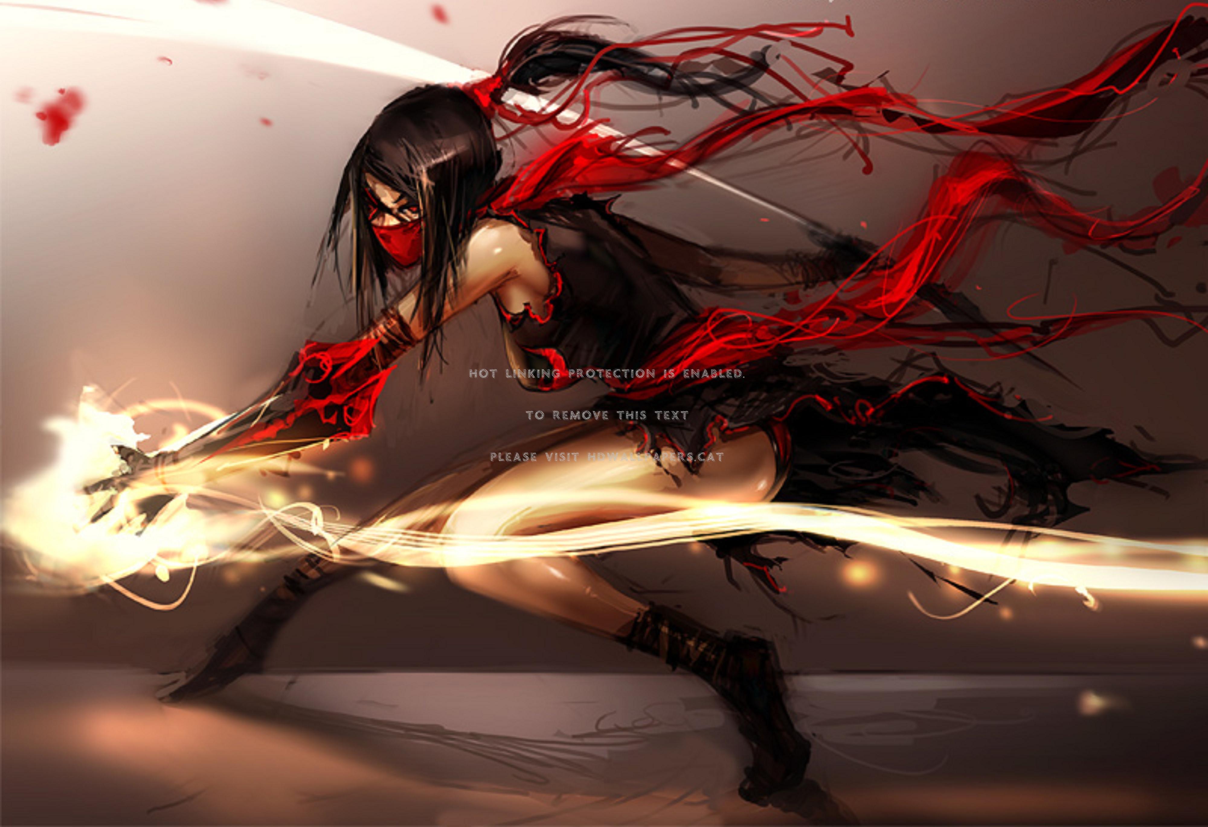 Aditya S Kunoichi Black Hair Gauntlet Anime - Red And Black Ninja Girl Anime - HD Wallpaper 