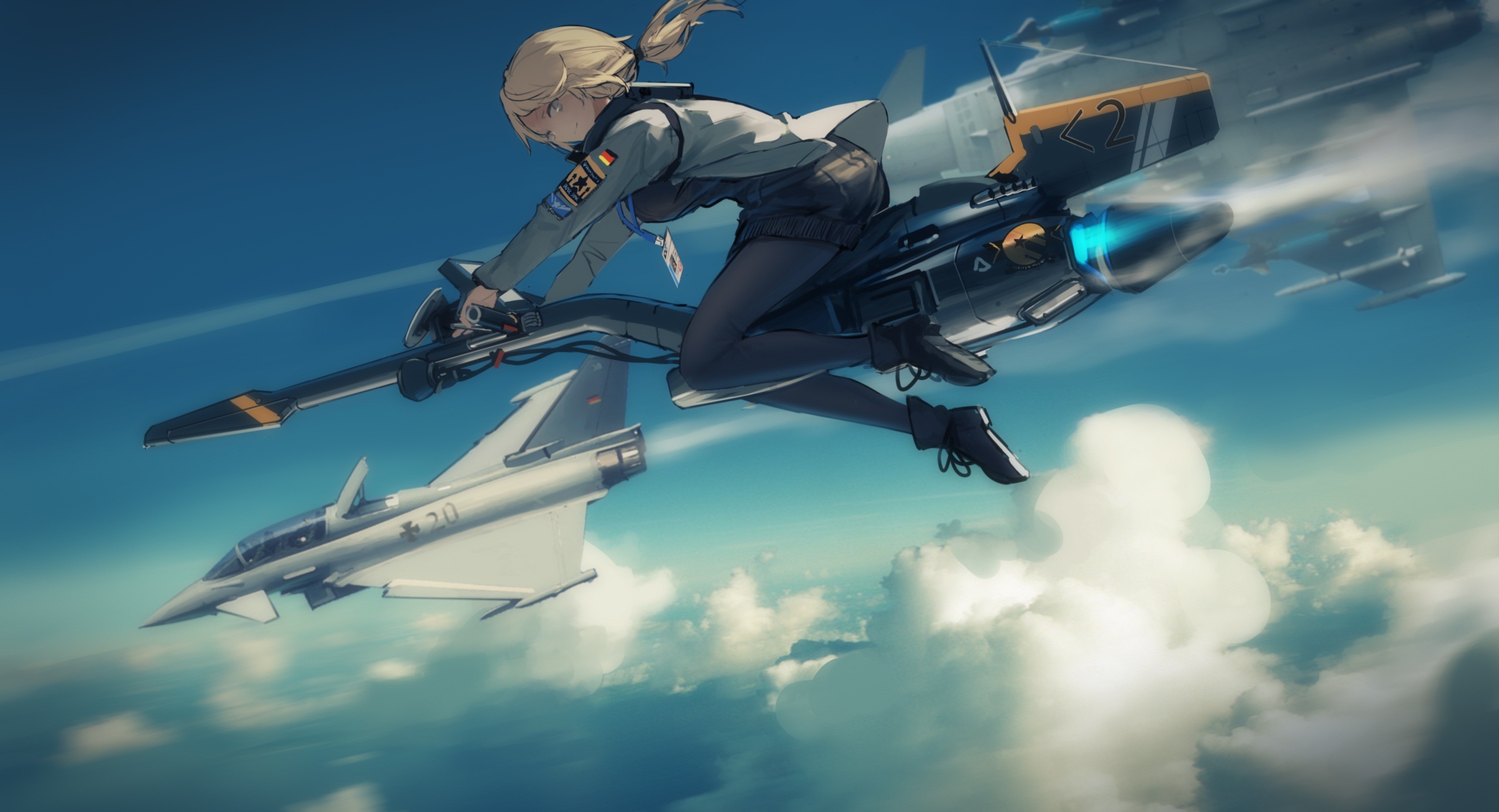 Blond Anime Mã¤dchen Fahrzeug Flugzeug Flugzeug Brave - Anime Girl Fighter  Jet - 3384x1834 Wallpaper 