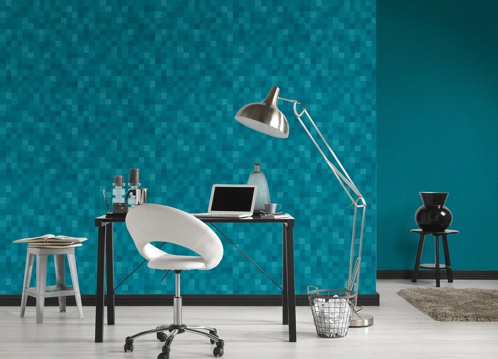 Vlies Tapete Kacheln Pixel Mosaik Würfel Muster Türkis - HD Wallpaper 