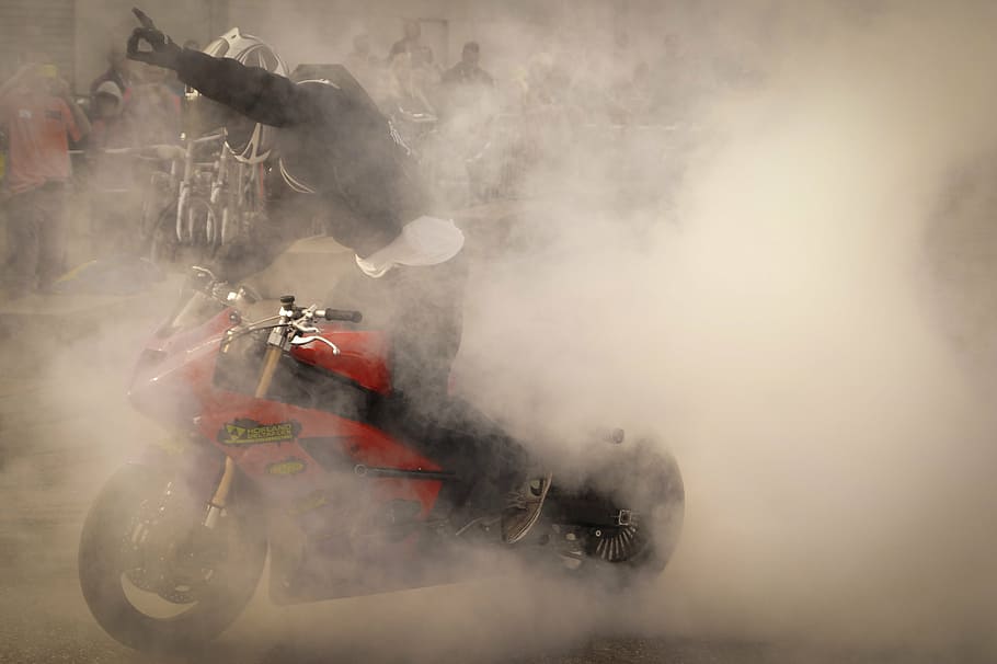 Man Riding Motorcycle, Black, Gear, Set, Red, Sport, - Motorcycle Smoke - HD Wallpaper 